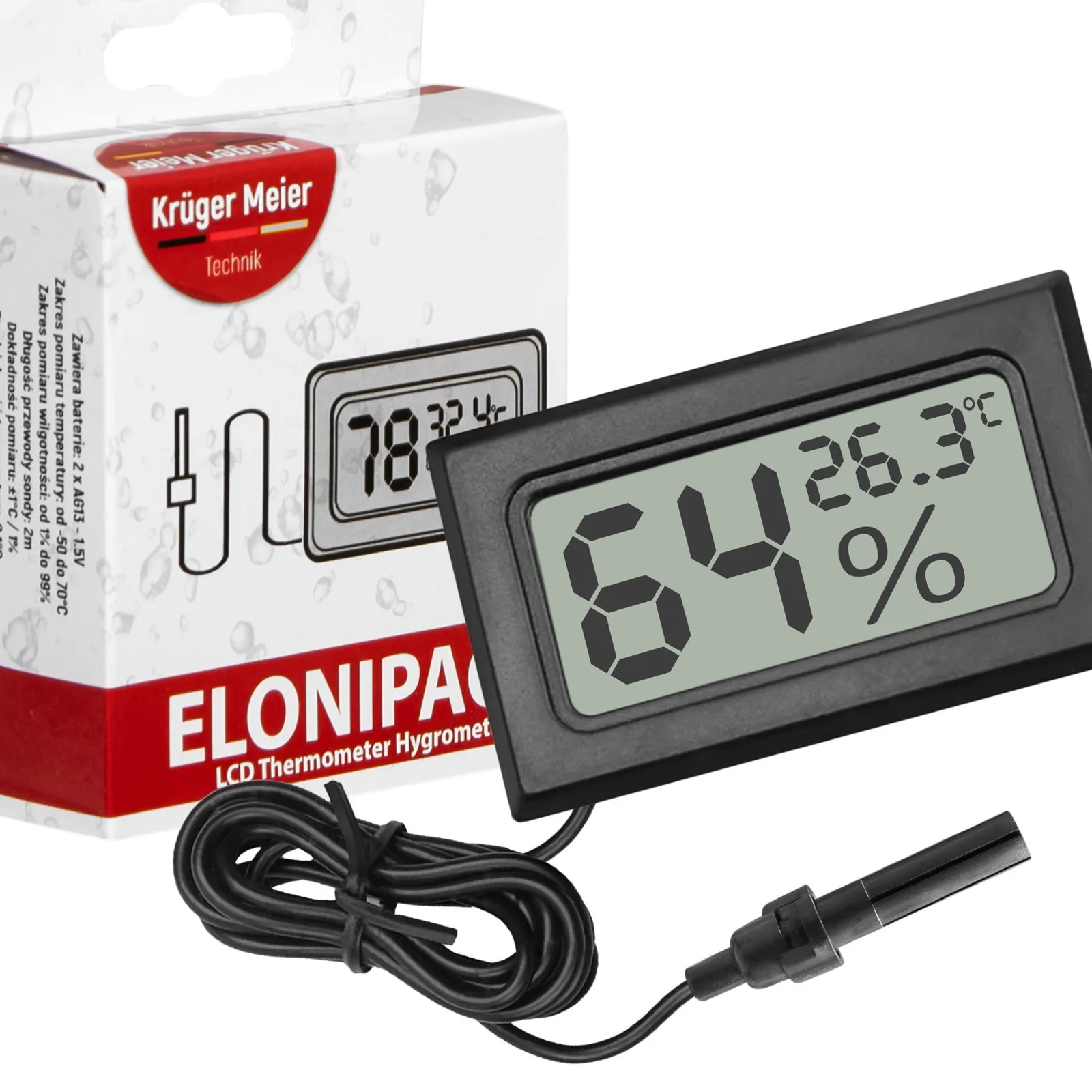 Elonipac LCD - termometr hygrometr z sondą